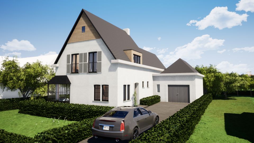 Vooraanzicht van een gerenoveerde witte villa met een zwart dak en aanpalende garage, realisatie van Plan Architectenbureau Brugge