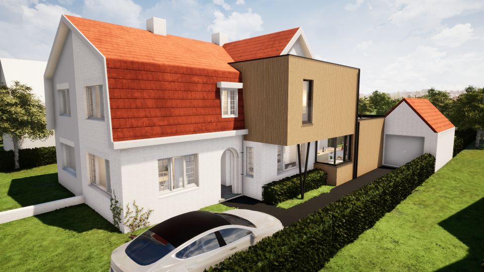 3D render van een verbouwde woning, realisatie van Plan Architectenbureau Brugge