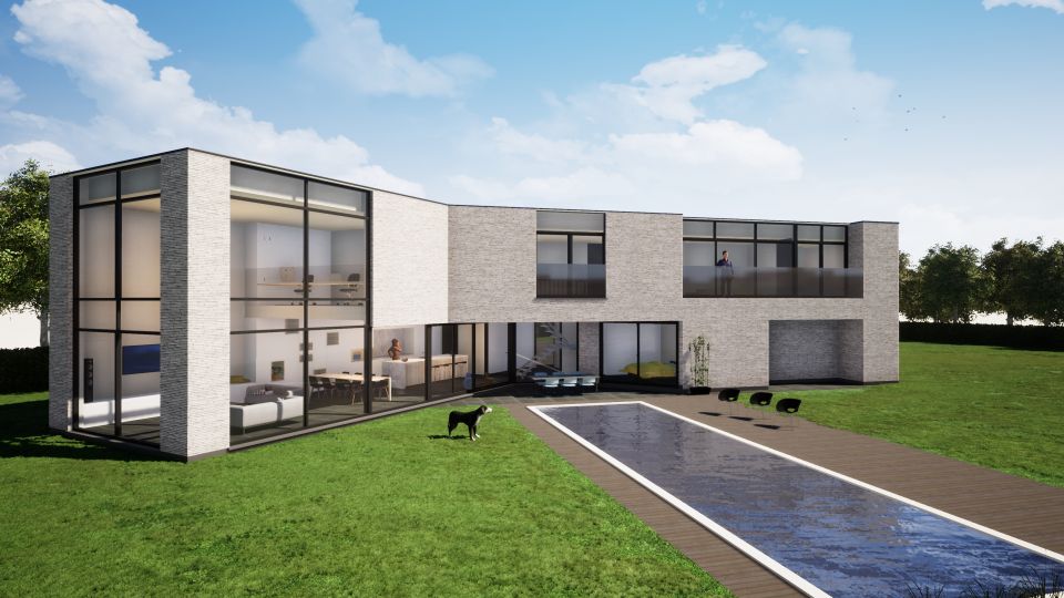 3d render van moderne nieuwbouwwoning met tuin en rechthoekige vijver, realisatie van Plan Architectenbureau Brugge